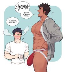 Rule 34 | 2boys, abs, absurdres, ass, bara, bare pectorals, black hair, blush, brown hair, bulge, closed eyes, cup, erection, erection under clothes, glasses, grey jacket, highres, holding, holding cup, jacket, jockstrap, large pectorals, looking at another, male focus, male pubic hair, male underwear, milkiato, multiple boys, muscular, muscular male, navel, nipples, open mouth, original, pectorals, pubic hair, red male underwear, shirt, short hair, underwear, white shirt, yaoi, yawning