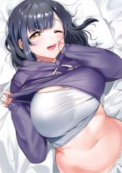 Rule 34 | 1girl, black hair, blush, breasts, clothes lift, crop top, hand on own cheek, hand on own face, hood, hood down, hooded track jacket, jacket, large breasts, lifted by self, looking at viewer, lying, midriff, navel, on back, one eye closed, open mouth, original, short hair, sleeves past wrists, solo, track jacket, upper body, yanyo (ogino atsuki), yellow eyes