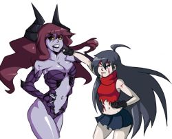 Rule 34 | 2girls, ahoge, black hair, black sclera, breasts, bridal gauntlets, catfight, cleavage, clothing cutout, colored sclera, colored skin, cuts, demon horns, fearless night, hair down, height difference, hell princess, horns, injury, leotard, long hair, multiple girls, navel, navel cutout, poco muerte, punching, purple skin, red hair, shining dazzler, skirt, sleeveless, sleeveless turtleneck, torn clothes, turtleneck, yellow eyes