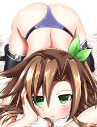 Rule 34 | 1girl, :&gt;, ass, back, bed sheet, black thighhighs, blush, bow, brown hair, green eyes, hair bow, hair ornament, hand on own cheek, hand on own face, highleg, highleg panties, highres, if (neptunia), kurozero, leaf hair ornament, long hair, neptune (series), on bed, panties, solo, thighhighs, thong, top-down bottom-up, underwear