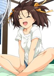 Rule 34 | breasts, brown hair, collarbone, closed eyes, hair lift, hairband, hands between legs, happy, haruhisky, highres, indian style, indoors, medium breasts, micro shorts, open mouth, orange hairband, shirt, short hair, short shorts, shorts, sitting, suzumiya haruhi, suzumiya haruhi no yuuutsu, t-shirt, teeth, upper teeth only