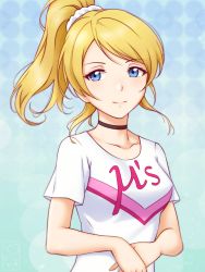Rule 34 | 10s, 1girl, ayase eli, bad id, bad pixiv id, black neckwear, blonde hair, blue eyes, breasts, choker, hands on own stomach, high ponytail, highres, looking at viewer, love live!, love live! school idol festival, love live! school idol project, medium breasts, miura-n315, ponytail, smile, solo, upper body