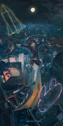 Rule 34 | 1girl, :d, absurdres, black footwear, black hair, black jacket, black skirt, blunt bangs, bow, bowtie, building, city lights, cityscape, cloud, commentary, full moon, hair ornament, hairclip, highres, jacket, loafers, long hair, long sleeves, looking at viewer, moon, night, night sky, nijisanji, open mouth, ph., pink bow, pink bowtie, rabbit symbol, road, rocket, school uniform, shoes, skirt, sky, smile, solo, star (symbol), street, thighhighs, tsukino mito, tsukino mito (1st costume), v arms, very long hair, virtual youtuber, white thighhighs, wing collar