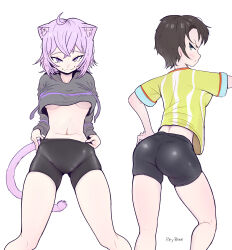 Rule 34 | 2girls, :3, :t, absurdres, ahoge, animal ear fluff, animal ears, artist name, ass, bike shorts, black hair, black shirt, black shorts, breasts, cat ears, cat tail, cowboy shot, crossed bangs, fang, from behind, gluteal fold, hand on own hip, highres, hololive, large breasts, long sleeves, looking at viewer, multiple girls, navel, nekomata okayu, nekomata okayu (1st costume), oozora subaru, oozora subaru (1st costume), pout, purple hair, rey rene, shirt, short hair, short sleeves, shorts, simple background, skin tight, skindentation, tail, thighhighs, thighs, tsurime, underboob, undressing, v-shaped eyebrows, virtual youtuber, white background, yellow shirt