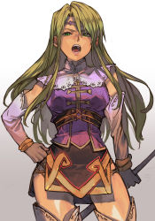 Rule 34 | 1girl, angry, blonde hair, bracelet, circlet, dress, elbow gloves, gloves, green eyes, hand on own hip, hungry clicker, jewelry, long hair, looking at viewer, mystina (valkyrie profile), open mouth, purple dress, solo, standing, valkyrie profile (series), white background