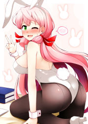 Rule 34 | 1girl, ;d, akashi (kancolle), alternate costume, animal ears, ass, back-seamed legwear, black pantyhose, blush, book, book stack, breasts, embarrassed, fake animal ears, fake tail, from side, green eyes, hair ribbon, hairband, high heels, kantai collection, lace, large breasts, leaning forward, leg up, leotard, long hair, looking at viewer, looking to the side, nose blush, one eye closed, open mouth, pantyhose, pink background, pink hair, playboy bunny, rabbit background, rabbit ears, rabbit tail, raised eyebrows, red ribbon, ribbon, rui shi (rayze ray), seamed legwear, shiny clothes, shoes, sideboob, smile, solo, speech bubble, spoken blush, standing, standing on one leg, tail, tress ribbon, v, very long hair, white leotard, wrist cuffs