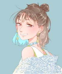 Rule 34 | 1girl, absurdres, bare shoulders, blue background, blue choker, blue jacket, brown eyes, brown hair, choker, clenched teeth, commentary request, earrings, hair bun, highres, jacket, jewelry, kashikaze, looking at viewer, medium hair, off shoulder, real life, saitou shuka, simple background, single hair bun, sleeveless, smile, solo, teeth, upper body, voice actor