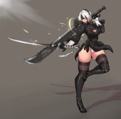 Rule 34 | 1girl, absurdres, black dress, black gloves, black thighhighs, blindfold, boots, breasts, cleavage, cleavage cutout, clothing cutout, dress, dual wielding, feather-trimmed sleeves, full body, gloves, grey background, hairband, high heel boots, high heels, highres, holding, huge weapon, kelvin hiu, leotard, leotard under clothes, nier (series), nier:automata, parted lips, puffy sleeves, shadow, short hair, simple background, skindentation, solo, sword, thighhighs, thighs, weapon, weapon on back, 2b (nier:automata)