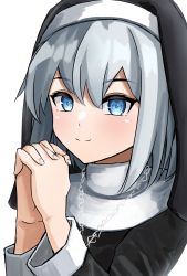 Rule 34 | 1girl, absurdres, alternate costume, bad id, bad pixiv id, blue eyes, closed mouth, grey hair, highres, jewelry, konpaku youmu, long sleeves, looking at viewer, necklace, nun, own hands together, ramiki, short hair, smile, solo, touhou, traditional nun, upper body