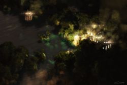 Rule 34 | building, commentary, dark, fantasy, fog, forest, from above, lake, lights, nature, night, no humans, original, scenery, signature, tree, waisshu (sougyokyuu), water