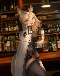 Rule 34 | 1girl, absurdres, alcohol, animal ear fluff, animal ears, arknights, bad id, bad twitter id, bar (place), black thighhighs, blonde hair, blue eyes, blush, cranesoekaki, cup, drinking glass, drunk, hand on own hip, highres, holding, holding cup, horse ears, horse girl, liquor, long hair, looking at viewer, solo, thighhighs, whislash (arknights)