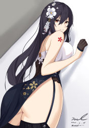 Rule 34 | 1girl, ass, azuma (azur lane), azuma (soft voice of spring) (azur lane), azur lane, bare shoulders, black hair, breasts, brown eyes, china dress, chinese clothes, cowboy shot, dated, dress, flower, garter straps, gloves, grin, hair between eyes, hair flower, hair ornament, half gloves, highres, kanzashi, large breasts, long hair, looking at viewer, looking back, pelvic curtain, revision, signature, smile, solo, thighhighs, thighs, twitter username, unel, white flower