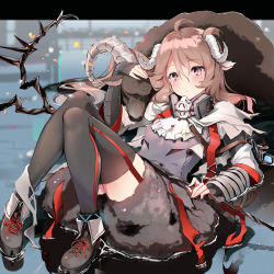 Rule 34 | 1girl, absurdres, ahoge, animal ears, arknights, black thighhighs, blurry, blurry background, blush, breasts, brown hair, curled horns, dress, eyjafjalla (arknights), gas mask, goggles, grey dress, highres, holding, holding staff, horns, long hair, looking at viewer, mask, mask around neck, nano (nanojyaa), ram (animal), red eyes, respirator, sheep ears, sheep horns, shoelaces, shoes, small breasts, solo, staff, thighhighs, water, white horns, wool