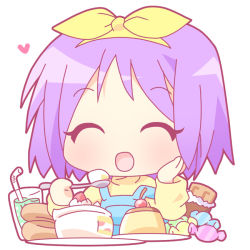 Rule 34 | 00s, 1girl, ^ ^, cake, cake slice, candy, chibi, chocolate, chocolate bar, closed eyes, drinking straw, eating, food, fruit, glass, heart, hiiragi tsukasa, lucky star, mirai (sugar), open mouth, plate, pudding, purple hair, simple background, solo, spoon, strawberry, strawberry shortcake, upper body, white background