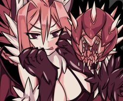 Rule 34 | 1girl, animal ear fluff, animal ears, animal hands, bat wings, bikini, black background, breasts, brown eyes, cleavage, large breasts, looking at viewer, manticore (monster girl encyclopedia), monster girl, monster girl encyclopedia, monster girl encyclopedia ii, pink hair, pov, simple background, solo, swimsuit, tail, tongue, tongue out, wings