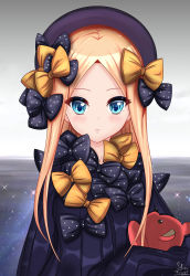 Rule 34 | 1girl, abigail williams (fate), absurdres, black bow, black dress, black hat, blonde hair, blue eyes, bow, breasts, closed mouth, dress, fate/grand order, fate (series), forehead, frosver, hair bow, hat, highres, long hair, multiple bows, orange bow, parted bangs, polka dot, polka dot bow, ribbed dress, sleeves past fingers, sleeves past wrists, small breasts, smile, solo, stuffed animal, stuffed toy, teddy bear