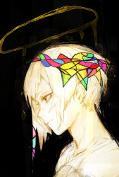 Rule 34 | 1boy, asymmetrical hair, black background, closed mouth, commentary request, halo, highres, hiranko, looking away, male focus, mosaic pattern, original, profile, shirt, short hair, short hair with long locks, smile, solo, spot color, trap