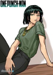 Rule 34 | 1girl, absurdres, arm support, artist name, atoroux, black pants, copyright name, fubuki (one-punch man), green hair, green shirt, highres, jewelry, necklace, one-punch man, pants, parted lips, shirt, short hair, short sleeves, solo