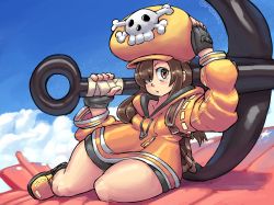 Rule 34 | 1girl, anchor, bike shorts, black gloves, blush, breasts, brown eyes, brown hair, cloud, commentary, english commentary, fingerless gloves, full body, gloves, guilty gear, hair over one eye, hat, highres, holding, holding anchor, hood, hoodie, long hair, looking at viewer, may (guilty gear), mddnaz, orange hat, orange hoodie, orange shirt, pirate hat, shirt, skull and crossbones, solo