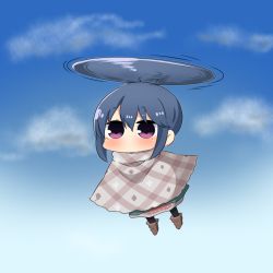 Rule 34 | 1girl, blue hair, blush, chibi, cloud, commentary request, day, doraemon, flying, long hair, long sleeves, parody, purple eyes, scarf, shima rin, solo, takecopter, twumi, yurucamp