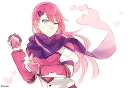 Rule 34 | 1girl, batensan, blue eyes, gauntlets, gloves, hair ornament, hairclip, heart, heartful punch, kokoro aichi, long hair, looking at viewer, magical girl, one eye closed, pink hair, purple scarf, scarf, short sleeves, sleepless domain, solo, upper body, white background