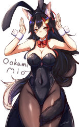 Rule 34 | 1girl, absurdres, alternate costume, alternate hairstyle, animal ear fluff, animal ears, arms up, bare arms, black hair, black leotard, black pantyhose, blush, bow, bowtie, breasts, character name, covered navel, cutout above navel, detached collar, embarrassed, fake animal ears, flipped hair, fox ears, grey hair, hair between eyes, hair ornament, hairclip, high ponytail, highres, hololive, inre kemomimi, large breasts, leotard, long hair, looking at viewer, multicolored hair, narrow waist, ookami mio, pantyhose, parted lips, playboy bunny, rabbit ears, rabbit pose, red bow, red bowtie, red hair, shiny clothes, shiny legwear, signature, simple background, skin tight, solo, strapless, strapless leotard, streaked hair, tail, tail around own leg, tail wrap, very long hair, virtual youtuber, white background, wide hips, wing collar, wolf ears, wolf girl, wolf tail, wrist cuffs, yellow eyes