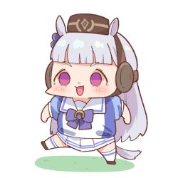 Rule 34 | 1girl, :3, :d, animal ears, blouse, blue shirt, blunt bangs, blush, bow, bowtie, chibi, full body, gold ship (umamusume), grey hair, horse ears, horse girl, horse tail, long hair, miniskirt, open mouth, pillbox hat, pleated skirt, puffy short sleeves, puffy sleeves, purple bow, purple bowtie, purple eyes, purple shirt, shirt, short sleeves, simple background, skirt, smile, solo, standing, standing on one leg, tail, takato kurosuke, umamusume, white background, white skirt