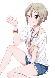 Rule 34 | 10s, 1girl, ;p, between legs, bracelet, brown eyes, clothes writing, denim, denim skirt, earrings, grey hair, hand between legs, idolmaster, idolmaster cinderella girls, jewelry, leg up, long legs, necklace, one eye closed, outstretched hand, shiomi syuko, shirt, short hair, sitting, skirt, smile, solo, t-shirt, tokita arumi, tongue, tongue out, wink