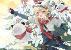 Rule 34 | 1girl, :d, absurdres, bear, belt pouch, beret, black gloves, blonde hair, blue jumpsuit, christmas ornaments, christmas tree, cowboy shot, fingerless gloves, girls&#039; frontline, girls&#039; frontline 2: exilium, gloves, hand on own hip, hat, hat feather, highres, index finger raised, jacket, jumpsuit, layered sleeves, long sleeves, looking afar, medium hair, nagant revolver (girls&#039; frontline), open mouth, outstretched arm, pointing, pointing up, pouch, red eyes, red scarf, renshen srulu, scarf, short over long sleeves, short sleeves, smile, solo, sparkle, weibo logo, weibo watermark, white hat, white jacket, yellow background