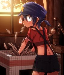 Rule 34 | 1girl, alternate costume, back, black eyes, black shorts, blush, cabbie hat, commentary request, cowboy shot, crop top, feathers, hair between eyes, hat, hat ornament, lace-trimmed sleeves, lace trim, looking at viewer, looking back, miyako yoshika, ofuda, overalls, purple hair, purple hat, red shirt, shimizu pem, shirt, short hair, short ponytail, short sleeves, shorts, sink, solo, star (symbol), star hat ornament, touhou, tree, window
