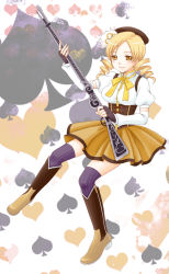 Rule 34 | 10s, 1girl, absurdres, arm warmers, beret, blonde hair, blush, boots, bow, bowtie, breasts, corset, cowboy boots, drill hair, gacha (amenohi no koneko), gloves, gun, hair ornament, hat, heart, hearts (playing card), highres, magical girl, magical musket, mahou shoujo madoka magica, mahou shoujo madoka magica (anime), musket, patterned legwear, pinstripe pattern, puffy sleeves, ribbon, rifle, skirt, solo, spade, spade (shape), spades, striped, thighhighs, tomoe mami, twin drills, twintails, weapon, yellow eyes, zettai ryouiki