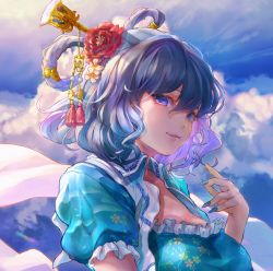 Rule 34 | 1girl, blue dress, blue eyes, blue hair, blue nails, blue sky, breasts, cleavage, cloud, commentary request, day, dress, fingernails, floral print, flower, frills, hair between eyes, hair flower, hair ornament, hair rings, hair stick, hand up, kaku seiga, large breasts, lips, long fingernails, looking at viewer, nail polish, outdoors, parted lips, puffy sleeves, red flower, sharp fingernails, shawl, short hair, sky, smile, solo, tassel, tocope, touhou, upper body, vest, white flower, white vest, wing collar