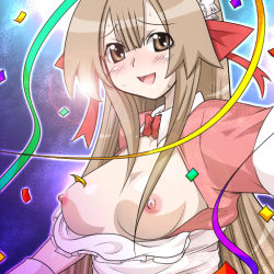 Rule 34 | 00s, 1girl, blush, bow, breasts, brown eyes, brown hair, hair bow, large breasts, long hair, mabahn, nipples, no bra, open clothes, seto no hanayome, seto sun, smile, solo