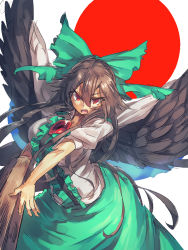 Rule 34 | 1girl, arm cannon, bow, breasts, brown hair, cape, hair bow, hair ornament, highres, huge breasts, long hair, melon22, open mouth, red eyes, reiuji utsuho, shirt, short sleeves, skirt, solo, touhou, weapon, wings