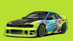 Rule 34 | car, commission, green background, highres, manziqr, motor vehicle, nissan, nissan s14 silvia, nissan silvia, no humans, original, shadow, simple background, sports car, vehicle focus