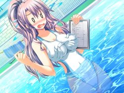 Rule 34 | akaza, grabbing another&#039;s breast, grabbing, henshin 3, living clothes, long hair, notebook, one-piece swimsuit, pen, pool, purple hair, school swimsuit, surprised, surprised arms, swimsuit, water, white one-piece swimsuit, white school swimsuit