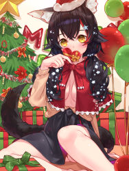 Rule 34 | 1girl, animal ear fluff, animal ears, black hair, black skirt, box, breasts, capelet, christmas, christmas tree, gift, gift box, hair ornament, hat, highres, hololive, long hair, looking at viewer, medium breasts, multicolored hair, ookami mio, ookami mio (street), red capelet, red hair, red hat, santa hat, sitting, skirt, solo, star (symbol), star hair ornament, streaked hair, tail, virtual youtuber, waterring, wolf ears, wolf girl, wolf tail, yellow eyes