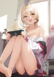 Rule 34 | 1girl, backlighting, bare legs, barefoot, blonde hair, blurry, blush, brand name imitation, breasts, character doll, cleavage, clothes down, collarbone, commentary request, controller, cup, depth of field, doraemon, doraemon (character), drinking glass, drinking straw, foot out of frame, game controller, hair ornament, hair scrunchie, handheld game console, highres, holding, holding handheld game console, ice, ice cube, indoors, jacket, kanzarin, lamp, large breasts, long hair, looking at viewer, nijisanji, nintendo switch, nui sociere, nui sociere (2nd costume), off shoulder, open clothes, open jacket, open mouth, playing games, ponytail, scrunchie, short shorts, shorts, single bare shoulder, sitting, smile, solo, virtual youtuber, window, yellow eyes