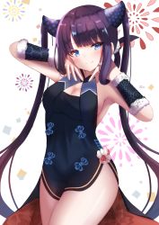 Rule 34 | 1girl, absurdres, armpits, bare shoulders, black dress, blue eyes, blunt bangs, blush, breasts, china dress, chinese clothes, cleavage, closed mouth, detached sleeves, dress, fate/grand order, fate (series), firework background, hair ornament, highres, long hair, looking at viewer, medium breasts, shibakame, short dress, smile, solo, thighs, very long hair, white background, yang guifei (fate), yang guifei (second ascension) (fate)
