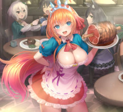 Rule 34 | 1boy, 3girls, :d, animal ears, black hair, blue eyes, boned meat, breasts, cat ears, chair, cleavage, commentary request, closed eyes, food, fork, hair between eyes, hair ribbon, hand on own hip, highres, karyl (princess connect!), kokkoro (princess connect!), large breasts, long hair, looking at viewer, meat, mizuya nao, multiple girls, open mouth, orange hair, pecorine (princess connect!), plate, princess connect!, puffy short sleeves, puffy sleeves, red ribbon, ribbon, see-through, see-through sleeves, short sleeves, sitting, smile, standing, table, tiara, very long hair, white hair, yuuki (princess connect!)