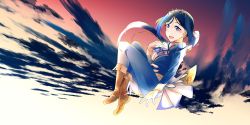 Rule 34 | 1girl, absurdres, artist name, artist request, blue hair, blue pants, blue shirt, blush, boots, brightest melody, female focus, floating, full body, highres, long hair, looking at viewer, love live!, love live! school idol festival, love live! sunshine!!, matsuura kanan, pants, parted lips, ponytail, purple eyes, ribbon, shirt, skirt, solo, tiara, white skirt, zakimpo