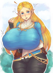 Rule 34 | !, 1girl, black gloves, blue eyes, breasts, clothes, female focus, fingerless gloves, gloves, highres, huge breasts, long hair, looking at viewer, nintendo, open mouth, pinkkoffin, pointy ears, princess zelda, solo, the legend of zelda, the legend of zelda: breath of the wild