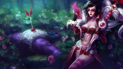 Rule 34 | 1boy, 1girl, alternate costume, alternate hairstyle, alternate skin color, archery, arrow (projectile), black hair, bow (weapon), breasts, card, colored skin, crossbow, fingerless gloves, flower, garden, glasses, gloves, heart, highres, holding, holding card, league of legends, lipstick, makeup, midriff, mundo, navel, official art, purple skin, reading, short hair, standing, striped clothes, striped thighhighs, thighhighs, vayne (league of legends), weapon, wide hips, zettai ryouiki