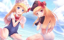 Rule 34 | 2girls, :d, black capelet, black headwear, black one-piece swimsuit, black school swimsuit, blonde hair, blue eyes, blue sky, blush, bow, bowtie, capelet, cloud, commentary request, day, dutch angle, fairy wings, hat, hat bow, highres, lily black, lily white, long hair, looking at viewer, lzh, multiple girls, one-piece swimsuit, open mouth, outdoors, red bow, red eyes, school swimsuit, sitting, skindentation, sky, smile, swimsuit, touhou, v-shaped eyebrows, wariza, water, white capelet, white headwear, white one-piece swimsuit, white school swimsuit, wings