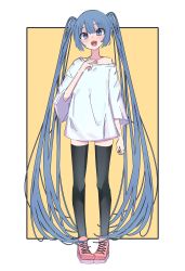 Rule 34 | 1girl, absurdres, aqua eyes, bare shoulders, blue hair, blush, border, framed, hand on own chest, hatsune miku, highres, light blue hair, long hair, long shirt, looking at viewer, loose sleeves, myakuro, off shoulder, open mouth, pigeon-toed, pink footwear, shirt, shoes, smile, sneakers, solo, t-shirt, thighhighs, twintails, very long hair, vocaloid, wide sleeves, yellow background, zettai ryouiki