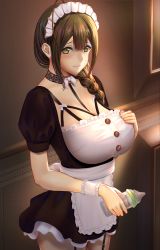 Rule 34 | 1girl, absurdres, apron, baby bottle, blush, bottle, braid, breasts, brown eyes, brown hair, choker, closed mouth, commentary request, dress, hair between eyes, hair over shoulder, highres, holding, holding bottle, idol, idolmaster, idolmaster shiny colors, indoors, kuwayama chiyuki, lanzer, large breasts, long braid, maid, maid apron, maid headdress, multiple straps, sidelocks, single braid, smile, standing, wrist cuffs