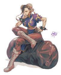Rule 34 | 1girl, asymmetrical bangs, black hair, blue dress, boots, bracelet, breasts, brown eyes, brown pantyhose, bun cover, capcom, china dress, chinese clothes, chun-li, commentary, cross-laced footwear, crossed legs, double bun, dress, drum (container), earrings, fujii eishun, full body, hair bun, hand on own hip, head rest, highres, jewelry, large breasts, lips, looking at viewer, pantyhose, parted lips, pelvic curtain, short hair, short sleeves, shoulder pads, signature, simple background, sitting, solo, spiked bracelet, spikes, street fighter, white background, white footwear