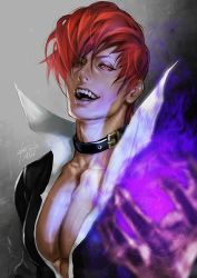 Rule 34 | 1boy, az pt, bad id, bad twitter id, choker, clenched hand, collared shirt, dated, fire, grey background, hair over one eye, holding, lips, looking at viewer, male focus, open mouth, pectoral cleavage, pectorals, popped collar, purple fire, pyrokinesis, red eyes, red hair, shirt, short hair, signature, simple background, smile, solo, teeth, the king of fighters, upper body, wing collar, yagami iori