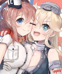 Rule 34 | &gt;;d, 10s, 2girls, ;), ;d, american flag, anchor, artist name, asymmetrical docking, bad id, bad pixiv id, blonde hair, blue eyes, breast pocket, breast press, breasts, brown hair, cheek-to-cheek, cleavage, elbow gloves, fingerless gloves, front-tie top, gloves, hair between eyes, headgear, heads together, heart, hug, iowa (kancolle), ippers, kantai collection, large breasts, long hair, looking at viewer, multiple girls, neckerchief, one eye closed, open mouth, pocket, red neckerchief, saratoga (kancolle), side ponytail, signature, smile, star-shaped pupils, star (symbol), striped legwear, symbol-shaped pupils, united states, v-shaped eyebrows, vertical-striped legwear