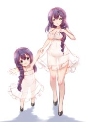 Rule 34 | 10s, 2girls, absurdres, blush, breasts, cleavage, dress, holding hands, highres, if they mated, large breasts, long hair, looking at viewer, love live!, love live! school idol project, mother and daughter, multiple girls, aged up, outstretched hand, purple hair, see-through, sketch, tojo nozomi, white background, aged down, zheyi parker
